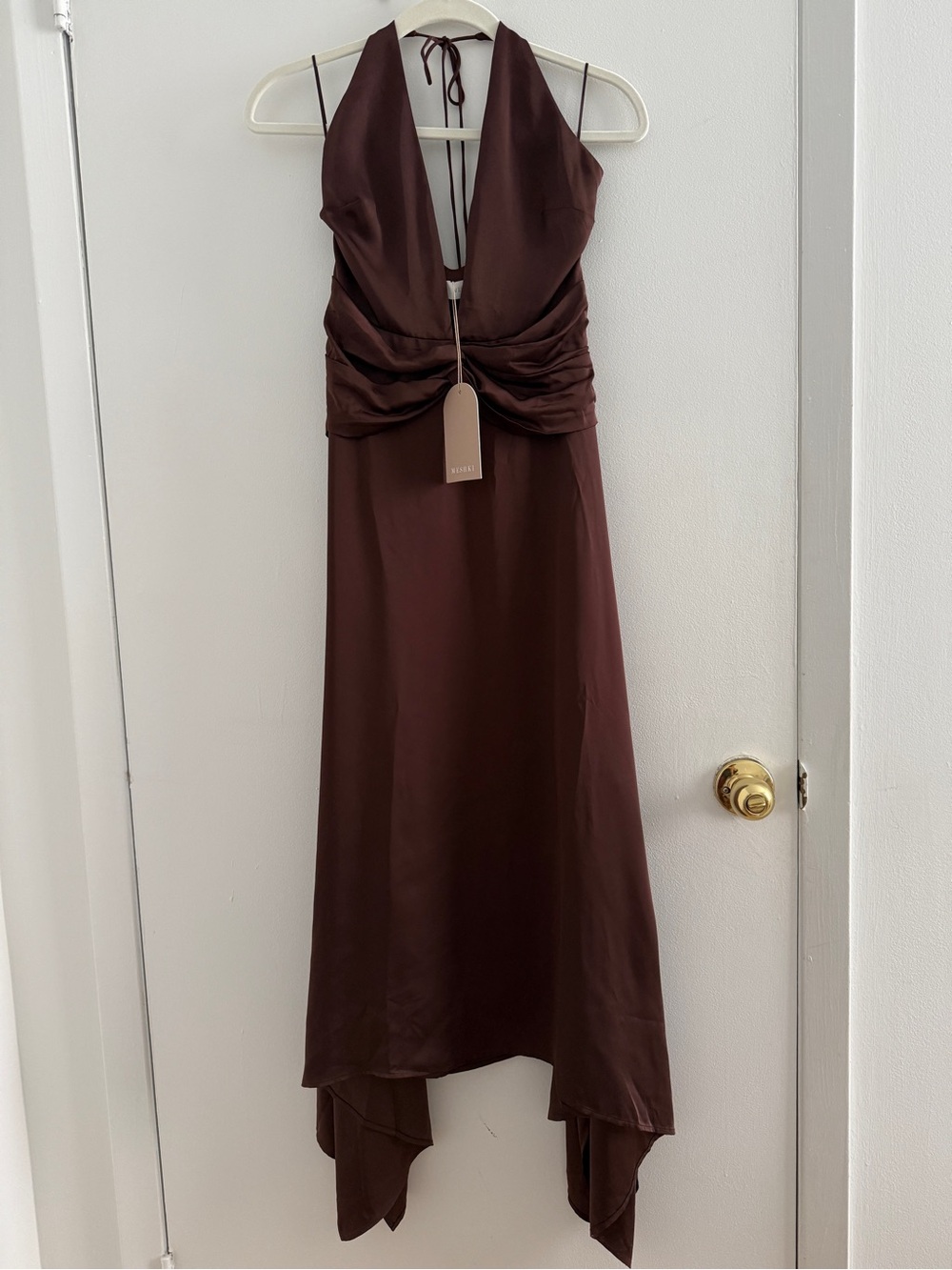 Meshki Cyra Plunge Halter Satin Midi Dress Dark Chocolate Size XS NWT - Picture 4 of 12